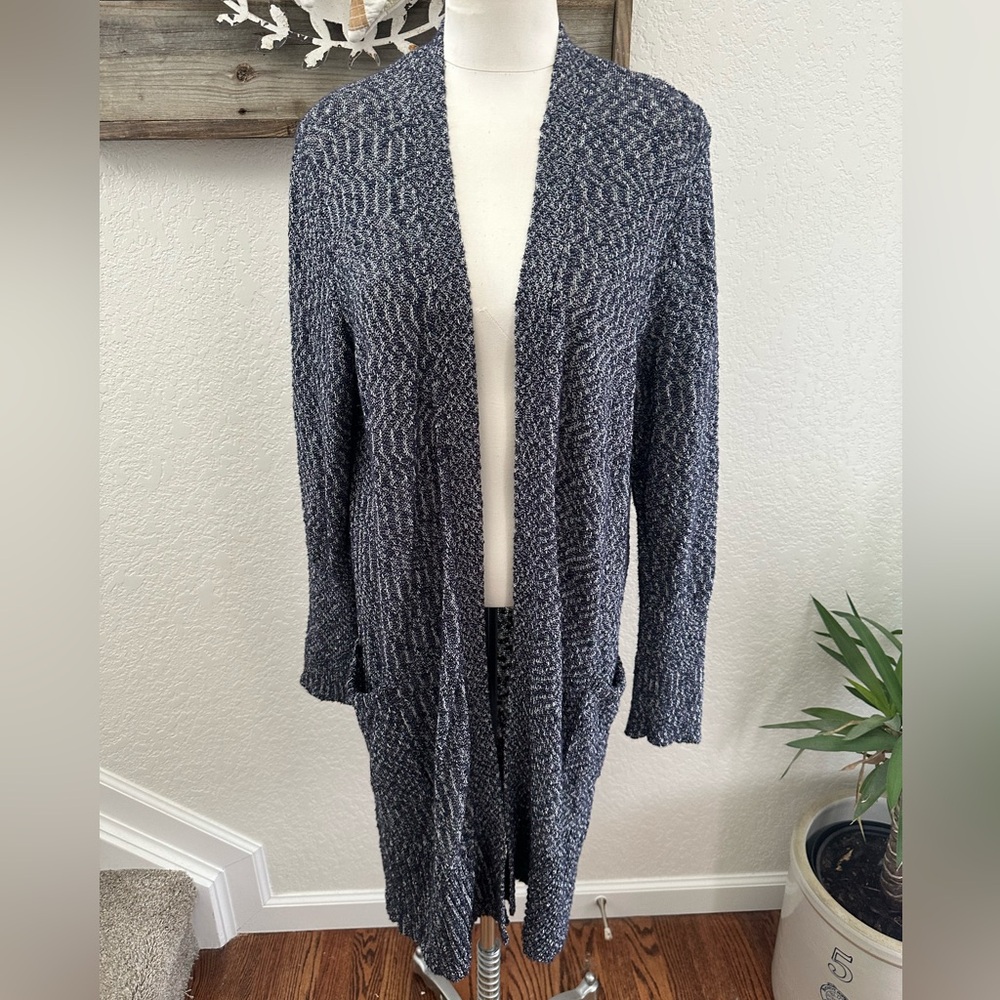 Athleta Navy Silver metallic‎ Open-Front duster Cardigan sweater ladies M